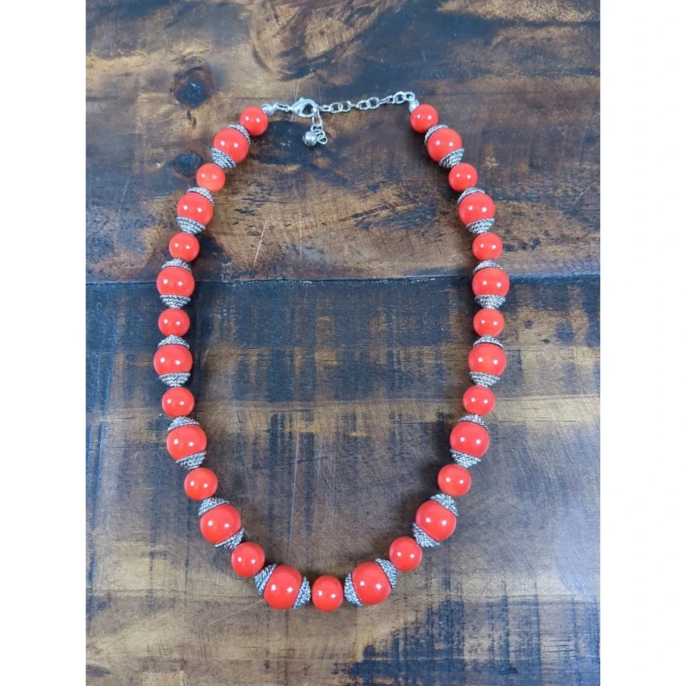 Silver Tone‎ & Red Enamel Beaded Necklace w Matching Clipon Earrings